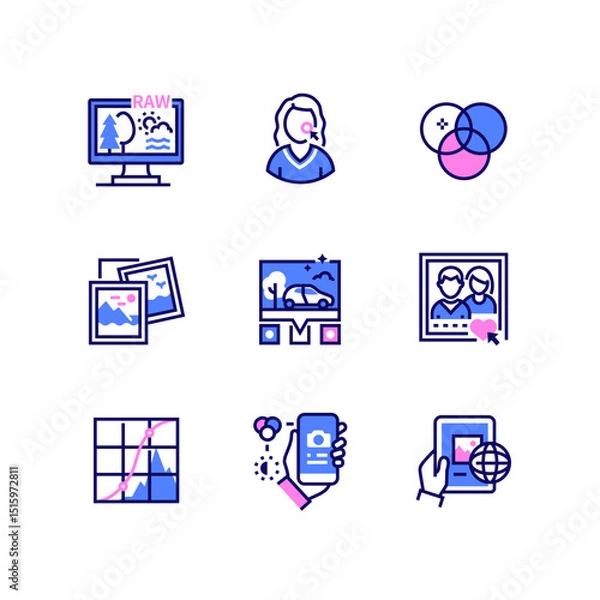 Fototapeta Photo processing - line art style icons set