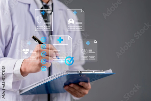 Fototapeta Doctor analyzing digital health patient data medical record EHR information, clinical data, checklists and organ diagnostics reports