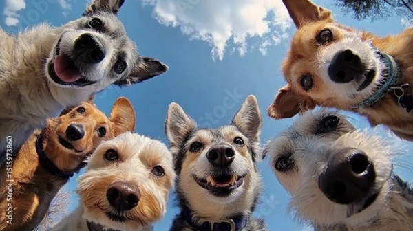 Fototapeta Happy Dogs Circle: Six adorable dogs of different breeds gather in a circle, looking up at the camera with cheerful expressions against a bright blue sky. 