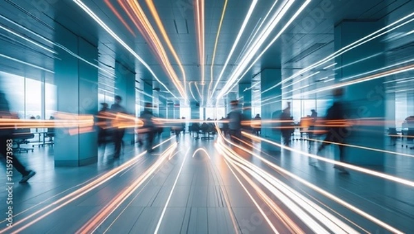 Fototapeta Captivating motion blur shows silhouettes of people moving in an office corridor setting.