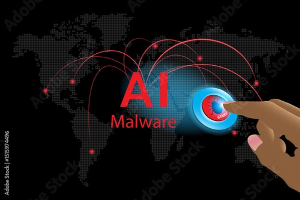 Obraz A finger presses a button to run AI-generated malware. cyberattacks.