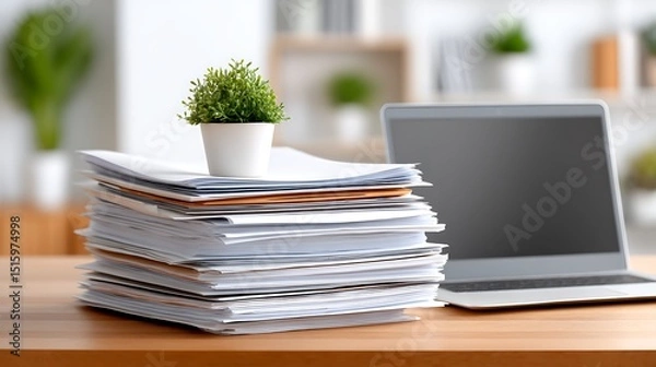 Obraz Overwhelmed by Huge Stack of Papers Next to Laptop on Desk in Office Setting