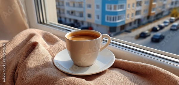 Fototapeta Morning coffee cup on windowsill with soft blanket and urban view outside, creating cozy and peaceful atmosphere in new apartment