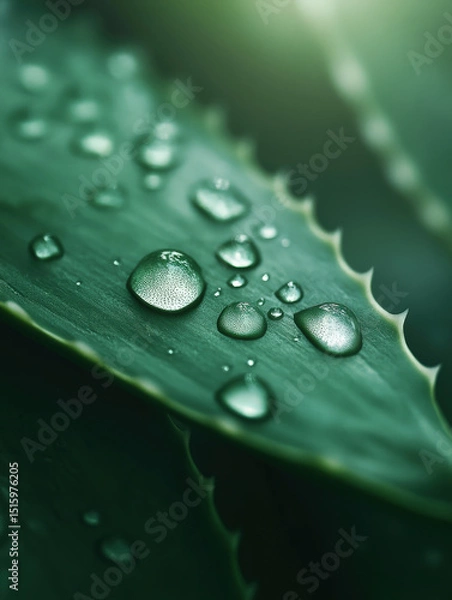 Fototapeta Close-up aloe vera leaves with water drops on the surface, succulent plant texture and transparency of drops on calm green background. Copy space, place for text, banner