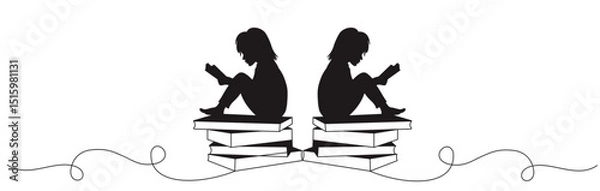 Fototapeta Vector silhouette of two child reading on white background. Symbol of friends and funny activities	
