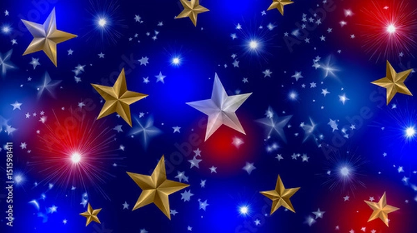 Fototapeta Colorful star pattern illustration featuring various shapes and sizes of stars in red, gold, silver, and white against a black background, creating a vibrant and festive atmosphere