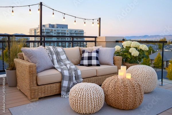Fototapeta Cozy outdoor lounge area featuring stylish seating with cushions, decorative poufs, and ambient lighting, surrounded by greenery and modern architecture, perfect for relaxation and social gatherings