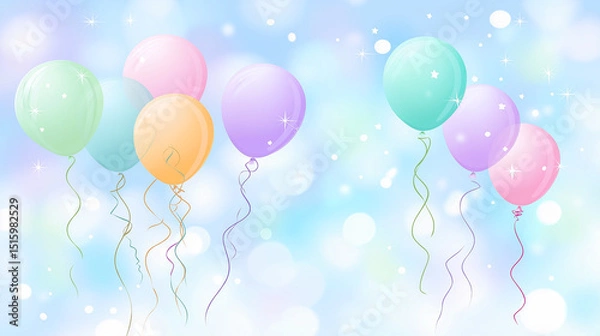 Fototapeta Colorful balloons in pastel shades float against a dreamy blue background, surrounded by sparkling stars and festive ribbons, creating a joyful celebration atmosphere
