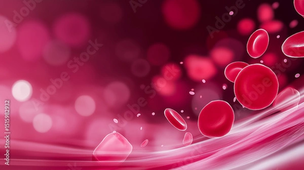 Fototapeta Abstract illustration of red blood cells floating in a vibrant red background, showcasing the intricate details of cellular structures and the dynamic nature of blood flow in a biological context