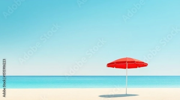 Fototapeta Red beach umbrella standing on serene ocean beach during daytime