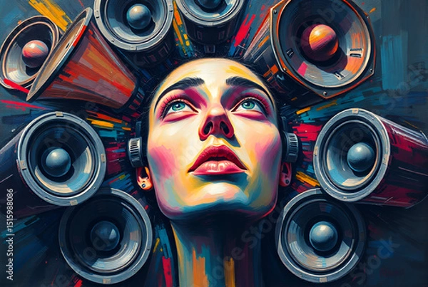Fototapeta Overthinking and internal mental noise as a symbol of anxiety and compulsive rumination - Abstract art - A head filled with loudspeakers