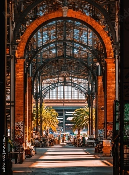 Fototapeta Arched market hall, sunlight filtering through