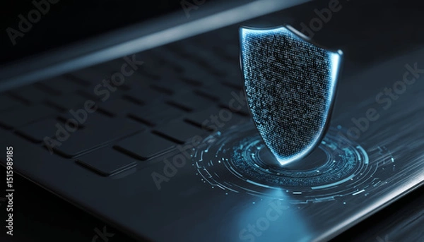 Fototapeta Digital shield icon protecting laptop data in cybersecurity environment