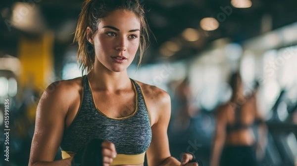 Fototapeta Fit young woman in sportswear smiling while working out on a crosstrainer during an exercise session in a health club 