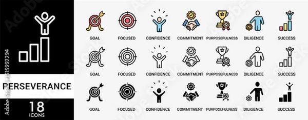 Fototapeta PERSEVERANCE icon set with various styles and colors of goal, focused, confidence, commitment, purposefulness, diligence, dedication, achievement, patience and success