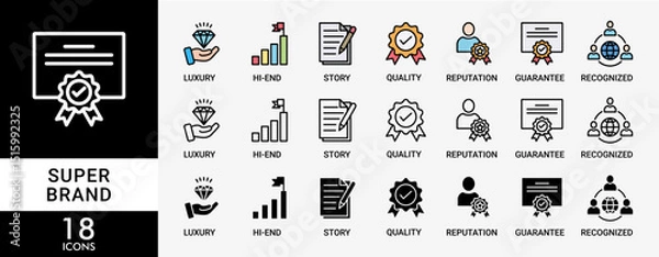 Fototapeta SUPER BRAND icon set with various styles and colors of luxury, hi-end, story, reputation, quality, guarantee, recognized, limited and loyalty