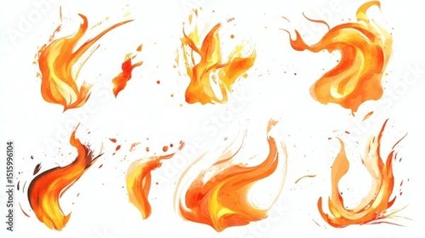 Fototapeta A set collection hand drawn sketch illustration of bright watercolor dynamic flames, lights, fire and torches, featuring various fire elements, isolated on a transparent or white background.
