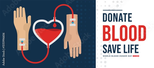 Fototapeta World blood donor day - hand give blood stream drop blood to heart bag shape and stream to recipient hand vector design