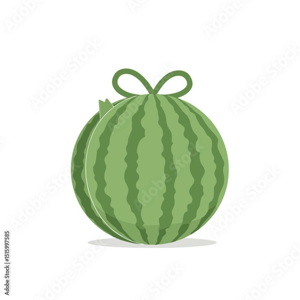 Fototapeta Two green watermelons stacked, with bow on top against plain white background in a flat style