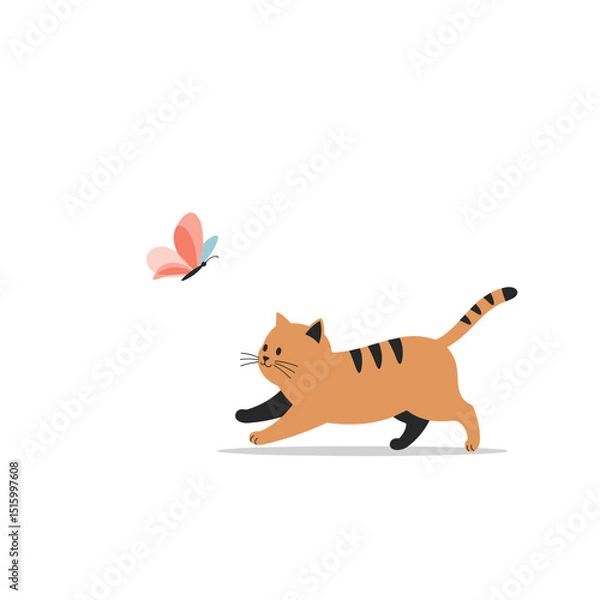 Fototapeta Cartoon illustration of a cat observing a butterfly on a white background