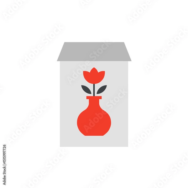 Fototapeta Geometric flower in a red vase against a gray, house-shaped background, clean and simple
