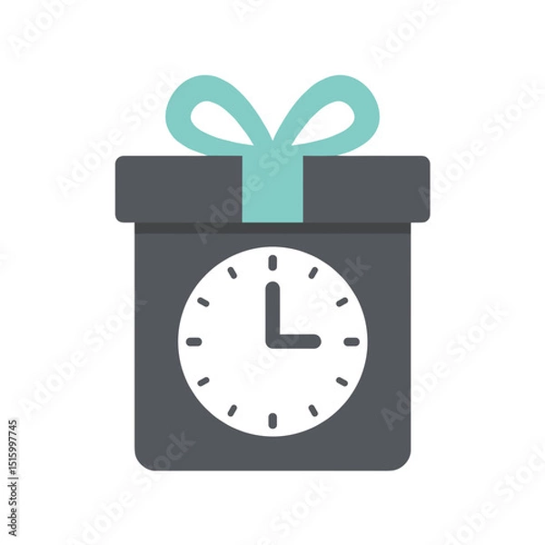 Fototapeta Gray gift box with clock face and light blue ribbon on white backdrop, stylized illustration