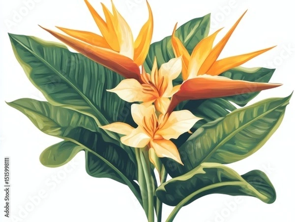 Fototapeta Strelitzia Watercolor artwork of tropical flowers with lush green leaves isolated on a transparent white background botanical illustration