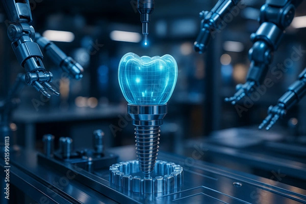 Fototapeta AI generated hightech dental implant with glowing crystal crown assembled by robotic arms in a futuristic lab representing precision and innovation in dental care