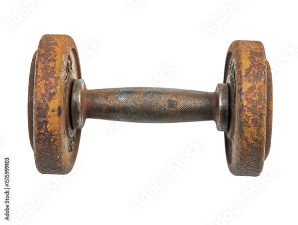 Fototapeta Rusty dumbbell on fitness equipment showcase high fidelity minimalist concept isolated on transparent or white background. PNG for workout, fitness, and gym equipment.