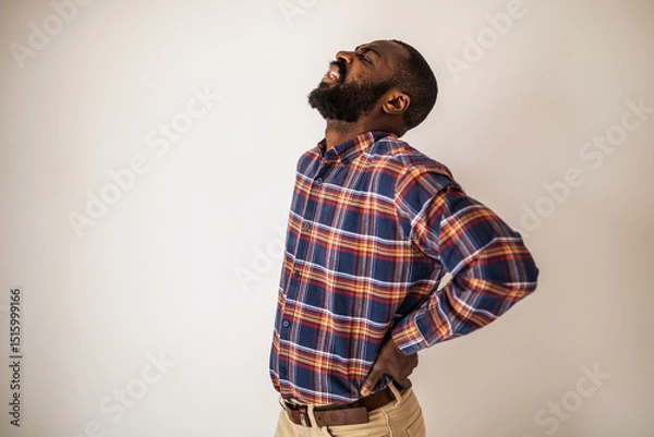 Fototapeta Portrait of exhausted and overworked black man who is having pain in his back.
