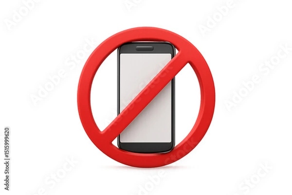 Fototapeta No cell phone symbol featuring red circle with diagonal line crossing smartphone device, isolated on a transparent background