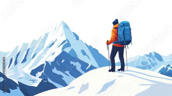 Fototapeta Backpacked Mountaineers on winter mountain landscape with snow. Hikers gazing mountain climber admires majestic snow capped peaks during an adventurous ascent at dawn.