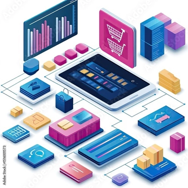 Fototapeta E-commerce growth visualized with product listings, customer orders, mobile sales, backend dashboards, digital inventory, efficient logistics, seamless checkouts, profit scaling.