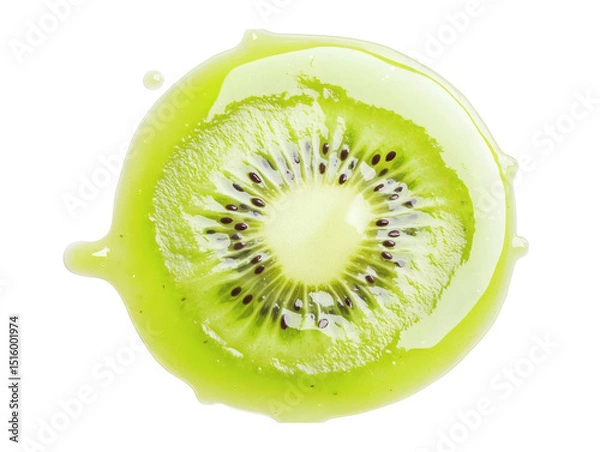 Fototapeta Puddle of green Kiwi Smoothie Bowl with Coconut Toppings. Kiwi slices with splash of kiwi juice isolated on transparent or white background.