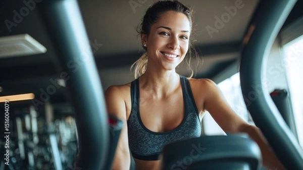 Fototapeta Fit young woman in sportswear smiling while working out on a crosstrainer during an exercise session in a health club 