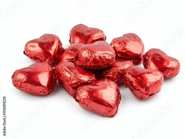 Fototapeta Beautiful pile of heart shaped balloons wrapped in shiny red foil on a transparent or white background for wedding, celebration birthday. Happy Valentine's day. Love symbol. Party Decoration