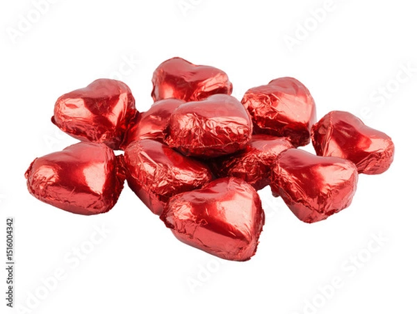 Fototapeta Beautiful pile of heart shaped balloons wrapped in shiny red foil on a transparent or white background for wedding, celebration birthday. Happy Valentine's day. Love symbol. Party Decoration