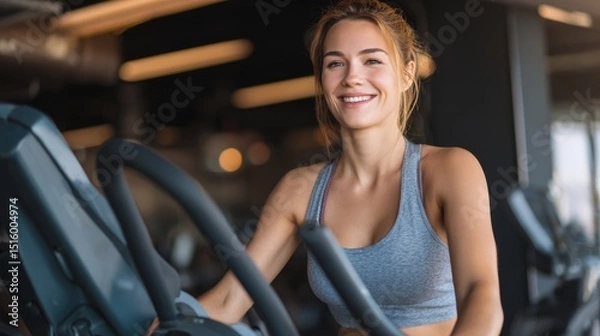 Fototapeta Fit young woman in sportswear smiling while working out on a crosstrainer during an exercise session in a health club 