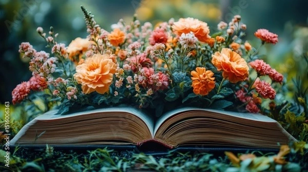 Obraz Open book nestled amongst vibrant flowers