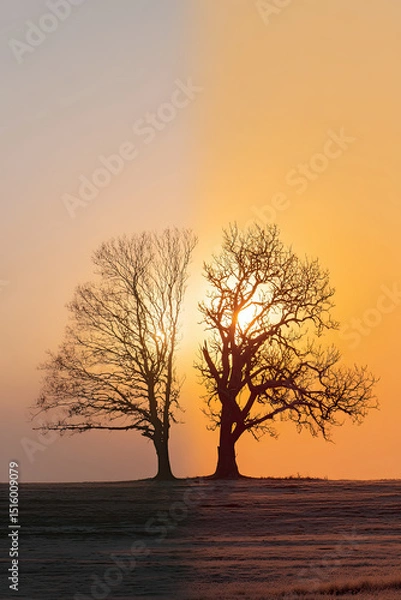 Fototapeta Two trees side by side, one wilted and one healthy, silhouetted at sunrise in tranquil field