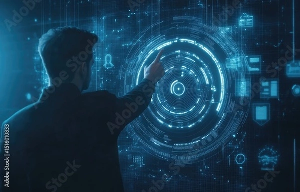 Fototapeta Man interacts with holographic interface (2)