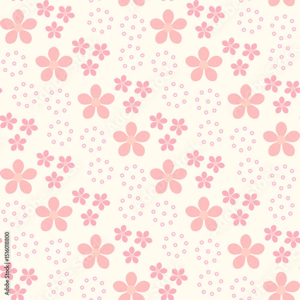 Fototapeta Seamless pattern of simple pink flowers and circle clusters on a soft beige background, perfect for textiles, wallpapers, vector background
