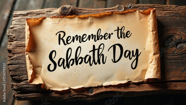 Fototapeta Elegant Handwritten 'Remember the Sabbath Day' Quote on Aged Parchment for Religious and Spiritual Use