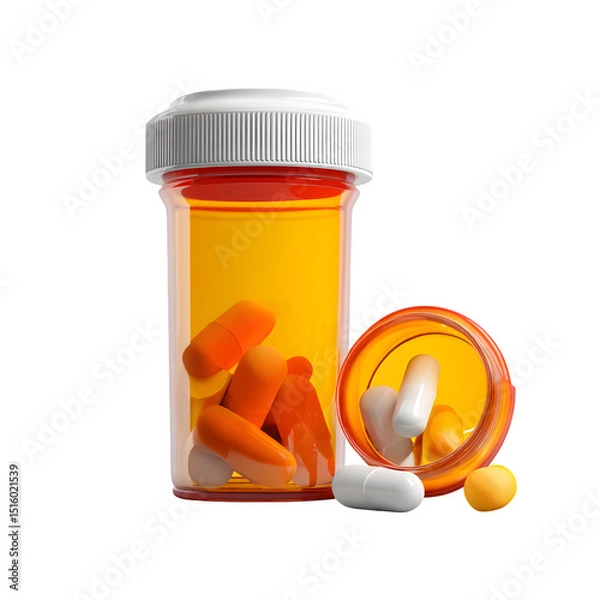 Fototapeta 3D pill bottle with open cap, white background