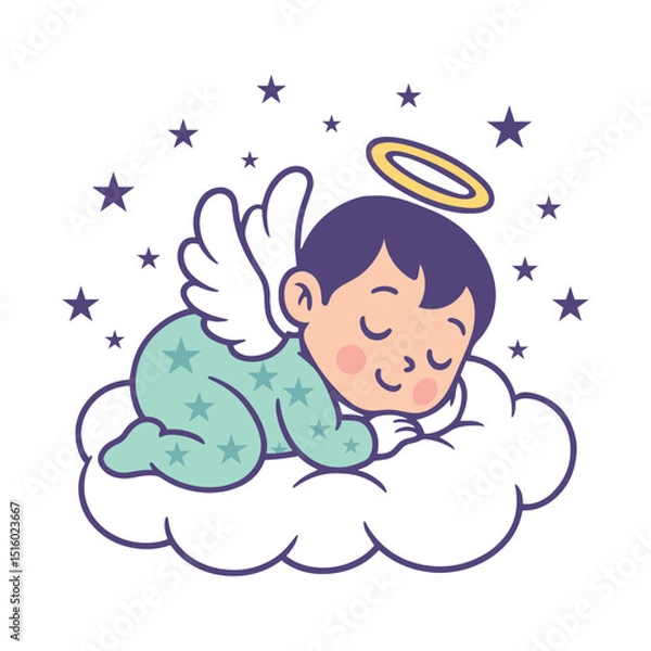 Fototapeta Cute Sleeping Angel Baby on Cloud with Stars
