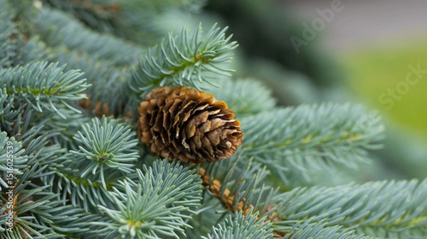 Fototapeta Pine cone nestled among lush evergreen branches in a serene forest during a sunny afternoon