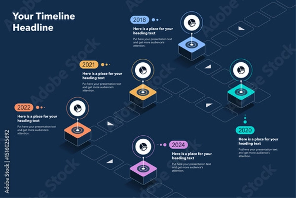 Fototapeta Isometric timeline infographic template with five stages - dark version. Flat diagram for workflow layout, banner or web design.