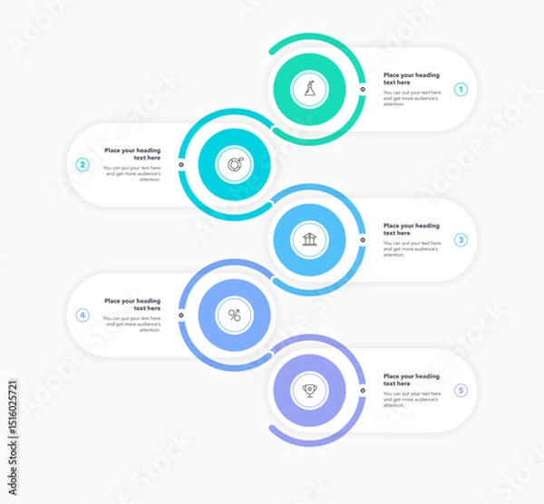 Fototapeta Vertical process flow chart with five colorful steps and a place for your text. Simple infographic design with icons and curved line for workflow layout, banner or web design.