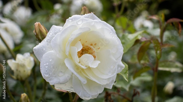 Fototapeta Delicate white rose glistening with raindrops in a vibrant garden setting during early morning hours