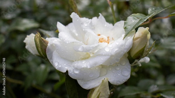 Fototapeta Blooming white rose adorned with morning dew amidst lush greenery in a serene garden setting